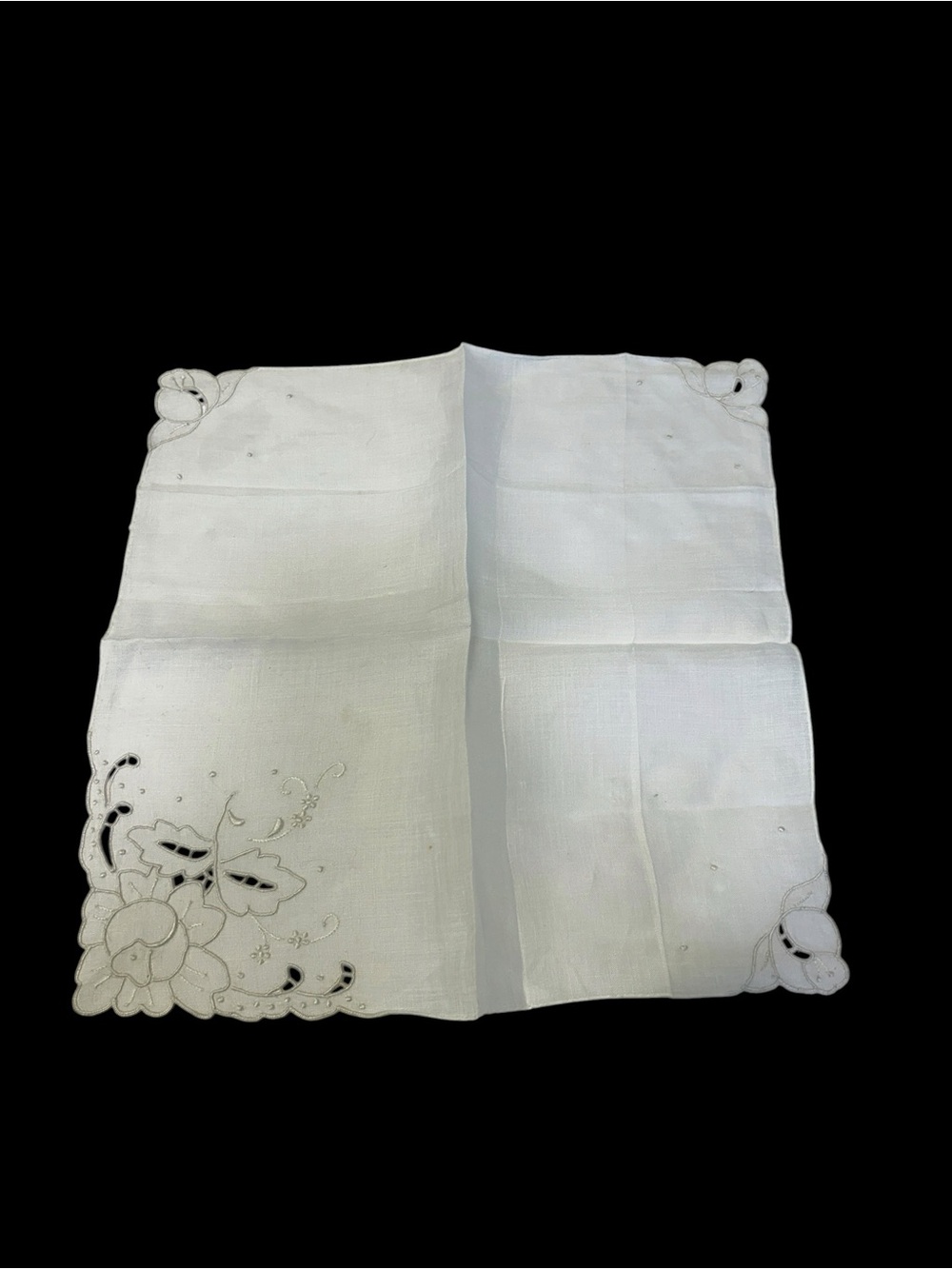Vintage White Linen Handkerchief Floral Cutwork Embroidery